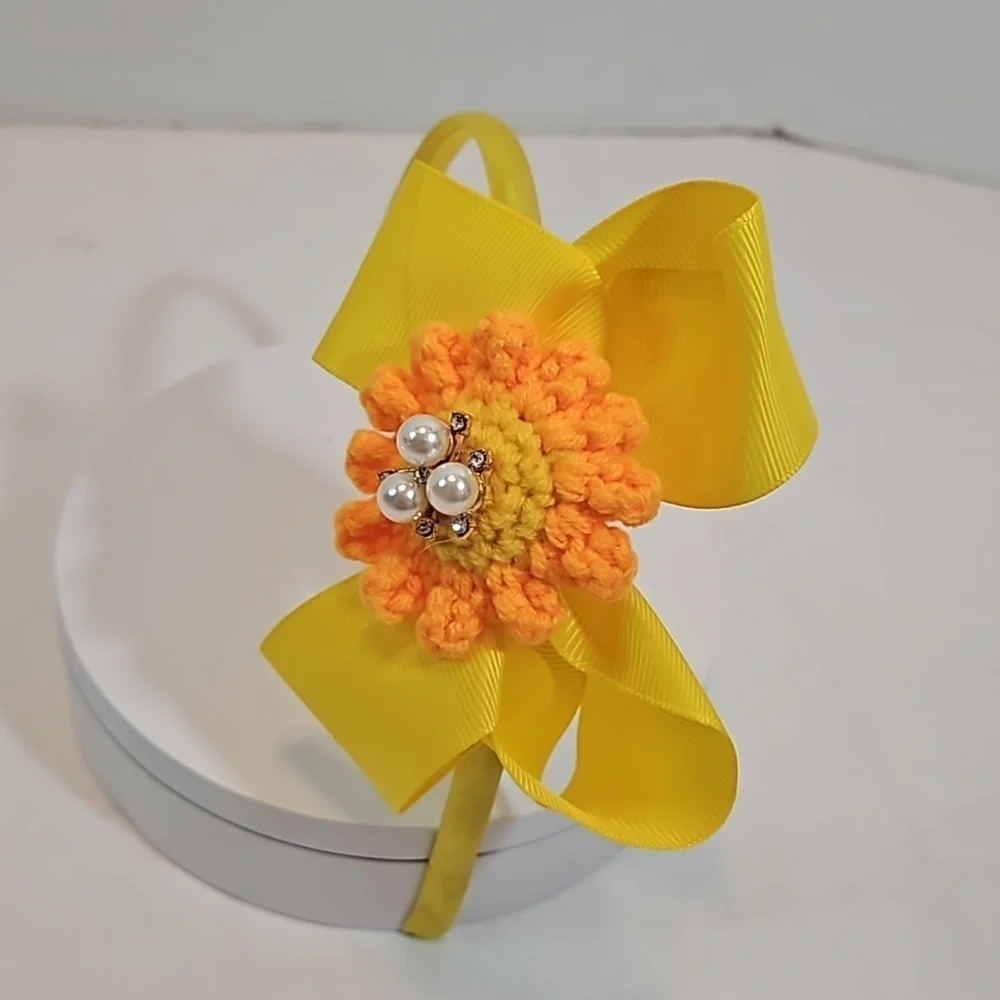 Hand Crafted yellow bow hairband hand crochet flower faux pearls beads floral